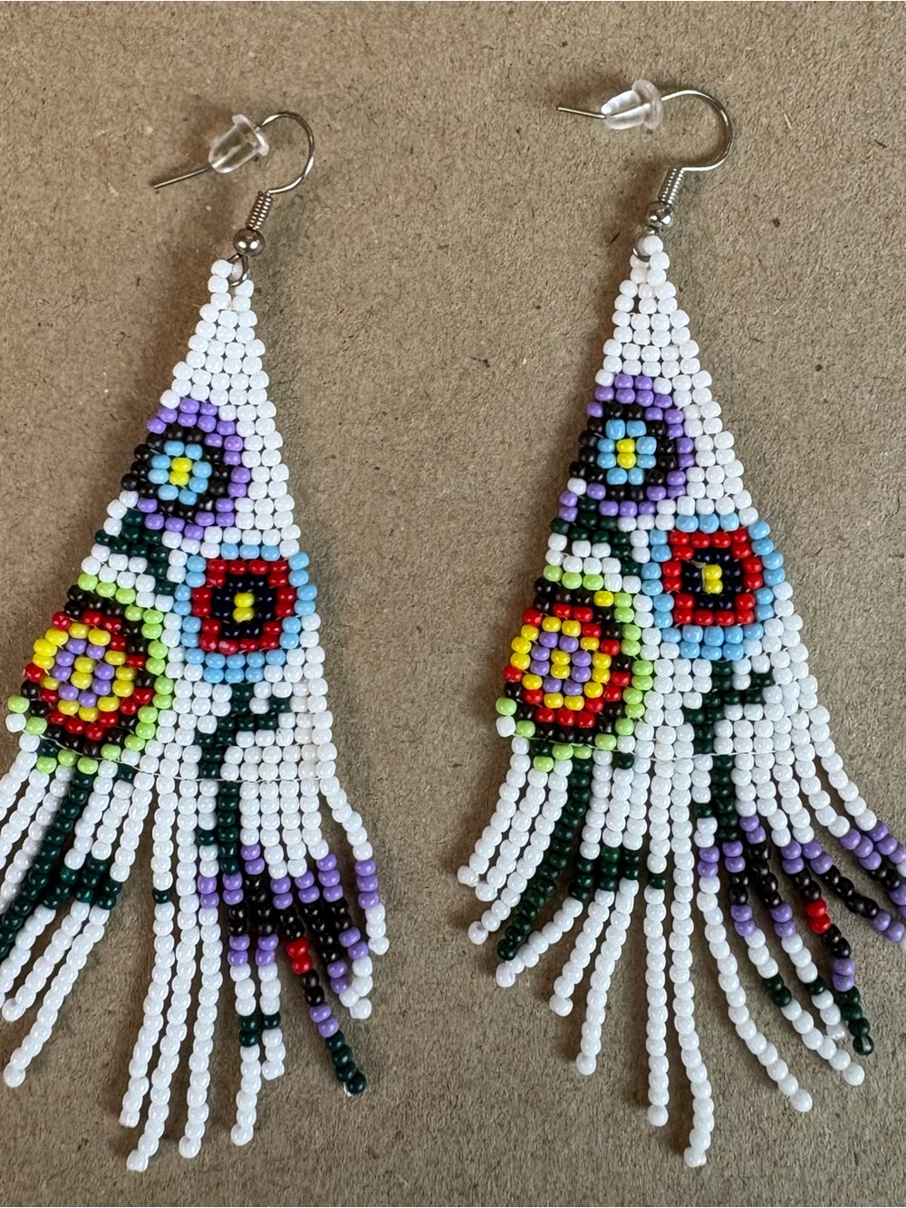 Handmade Beaded Fringe Earrings, Colorful White Boho Seed Bead Dangle Earrings
